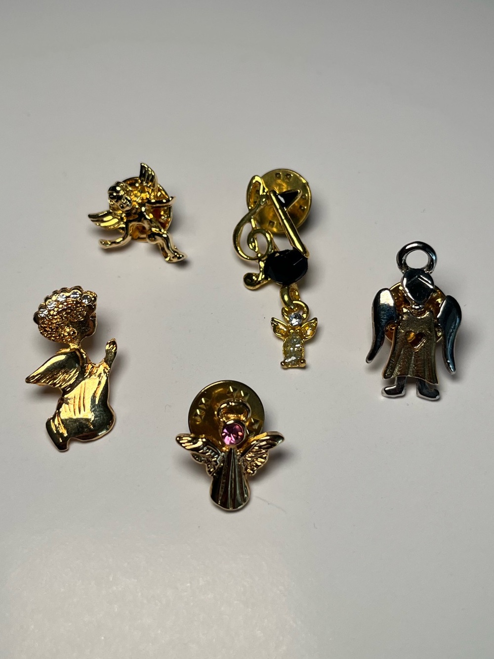 Vintage Angel Lapel Pin Lot | Gold Tone, Rhinestones & Musical Treble Clef